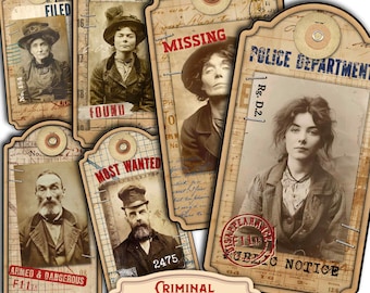 Vintage Crime Mugshot Foldable Tags for Junk Journals - Victorian Police Investigation Case Finds - Digital Printable Old Photo of Criminals