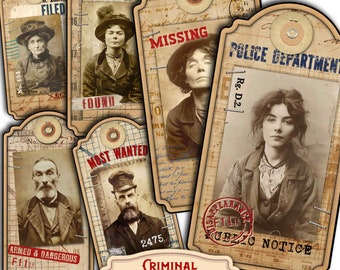 Vintage Crime Mugshot Foldable Tags for Junk Journals - Victorian Police Investigation Case Finds - Digital Printable Old Photo of Criminals