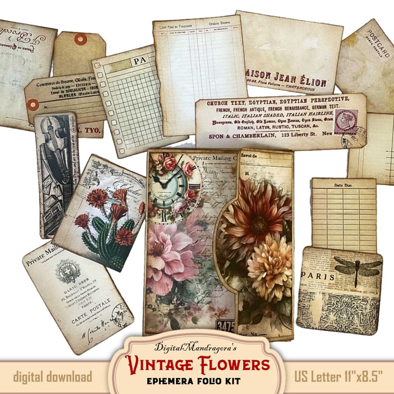 May include: A digital download kit of vintage flower ephemera for scrapbooking and crafting. The kit includes a variety of images, including flowers, clocks, and text. The images are in a vintage style and are perfect for adding a touch of whimsy to your projects.