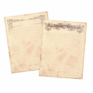 May include: Two blank sheets of lined paper with decorative borders. The paper is aged and has a yellowed tint.