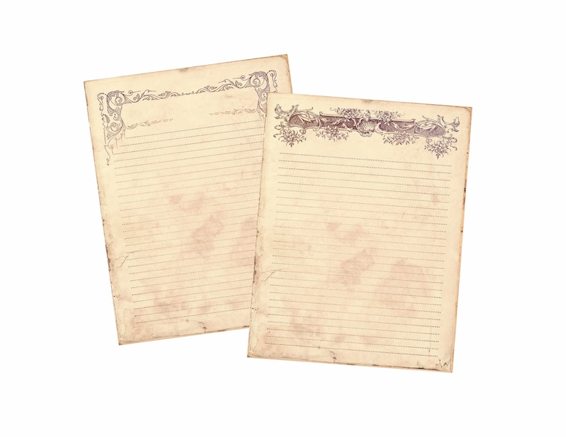May include: Two blank sheets of lined paper with decorative borders. The paper is aged and has a yellowed tint.