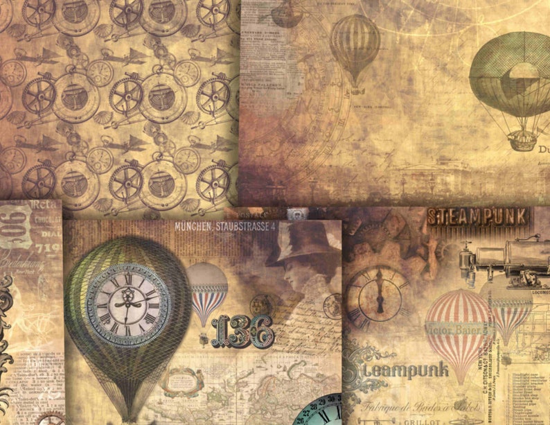 May include: A vintage-inspired digital paper pack with a steampunk theme. The paper pack features images of airships, clocks, gears, and other steampunk elements. The paper pack is perfect for scrapbooking, card making, and other paper crafts.