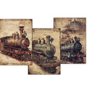 digital download steam locomotive, nostalgic train, Victorian Steampunk, dieselpunk cards, steam fantasy, Victorian traveling, steam transport, steampunk printable, junk journaling, journal cards, digital steampunk, vintage steam trains,