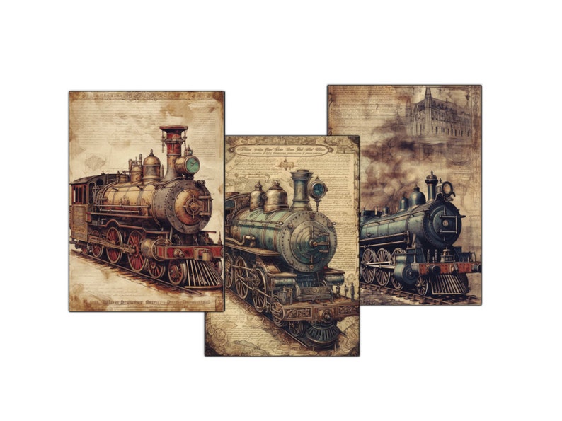 digital download steam locomotive, nostalgic train, Victorian Steampunk, dieselpunk cards, steam fantasy, Victorian traveling, steam transport, steampunk printable, junk journaling, journal cards, digital steampunk, vintage steam trains,