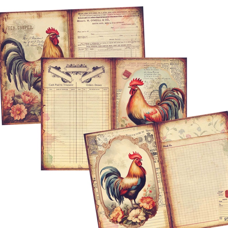 Farmhouse Vibes Printable Journaling Kit - Vintage Roosters & Shabby Cottage Core - Digital Junk Journal Supplies