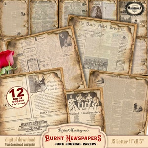 Burnt vintage newspaper decorative paper pack, scrapbooking collage papers, torn old newspapers for junk journal, instant digital download