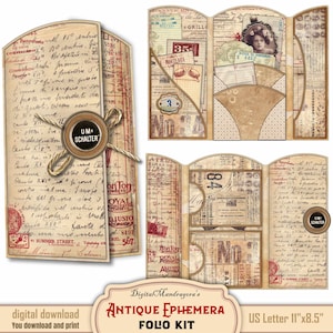 Antique Ephemera Tri-fold  Loaded Folder Folio Kit, Old Prints Junk Journal Digital Printable with Journal Pockets, Cards Journal Tags