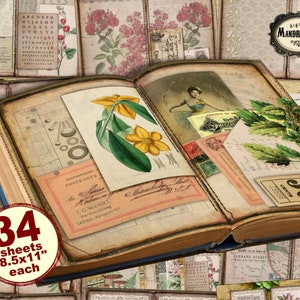 Botanical junk journal kit, floral journal pages, vintage  journal pages, digital instant download