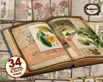 Botanical junk journal kit, floral journal pages, vintage  journal pages, digital instant download