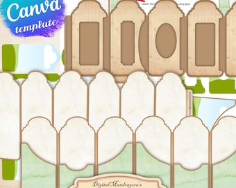 May include: Printable accordion folio kit template for creating a multi-page booklet. The template is designed for US Letter size paper, measuring 11 inches by 8.5 inches. The template features a decorative border with a light brown and white color scheme.