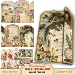 Alice in Wonderland Tri-fold  Loaded Folder Folio Kit, Easy DIY Junk Journal Digital Printable with Journal Pockets, Cards and Journal Tags