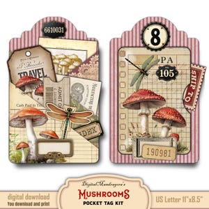 Mushrooms and Dragonflies Loaded Layered Pocket Tag Kit | Ephemera Digital Download for Junk Journaling & Crafting