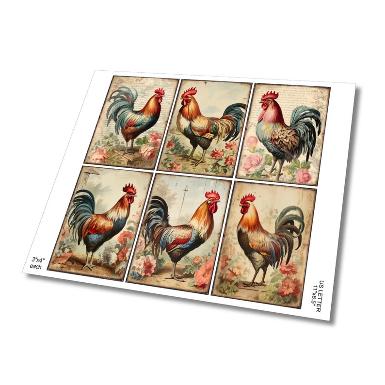 Vintage Roosters and shabby flowers ephemera collage cards and hanging tags for junk journaling