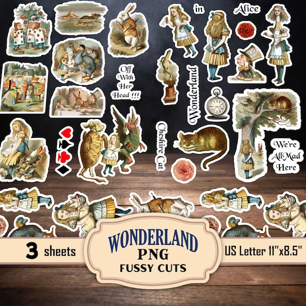 Alice in Wonderland fussy cuts, scrapbooking die cuts, stickers, fridge magnet making, junk journal embellishments, digital download