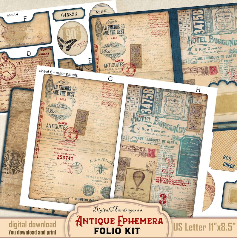 Vintage Ephemera Folio Printable Kit • Sepia Ink Blue • Junk Journal ...