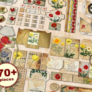 Poppy junk journal supplies, poppy embellishments, poppy ephemera, poppy journal pocket, poppy washi tape, poppy envelopes, digital download