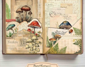 Mushrooms Junk Journal Kit, Antique Book Inspired Printable Botanical Ephemera Collage Sheets, Digital Download