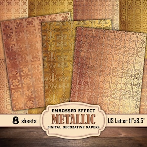 May include: Eight sheets of digital decorative paper with an embossed metallic effect. The paper has a variety of geometric patterns in gold and copper tones. The paper is US Letter size, 11 inches by 8.5 inches.