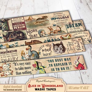 Printable Alice in Wonderland Digital Ephemera Washi Tape with famous quotes from the book, Junk Journal Add-ons, Card Making Supplies