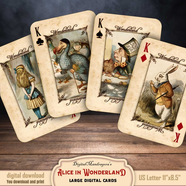 Alice in Wonderland large playing cards, set of 4,  print for framing, Tea party card, Dodo card, white Rabbit, Mad Hatter, digital download