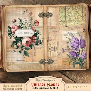 Shabby Floral Junk Journal Pages Vintage Collage Printable Kit Digital Ephemera Grunge Paper Pack Old Stained Background Sheets