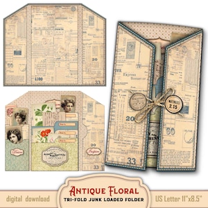 Antique Floral  Ephemera Tri-fold Loaded Folder Folio Kit, Easy DIY Junk Journal Digital Printable with Journal Pockets, Cards Journal Tags
