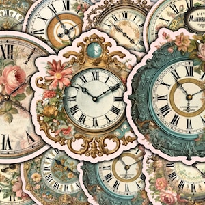 Puede incluir: Una colección de esferas de reloj vintage con marcos dorados ornamentados y diseños florales. Los relojes tienen marcas de números romanos y están sobre un fondo rosa.