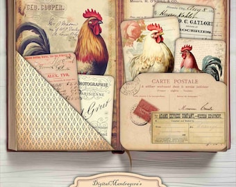 Vintage Rooster Junk Journal Kit: Shabby Cottagecore Ephemera (Digital Download)