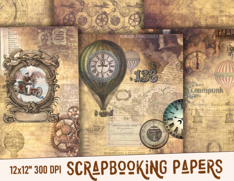 May include: A set of 12x12 inch digital scrapbooking papers with a steampunk theme. The papers feature vintage clocks, gears, maps, and airships. The papers are 300 DPI and are perfect for creating digital scrapbook pages, cards, and other crafts.