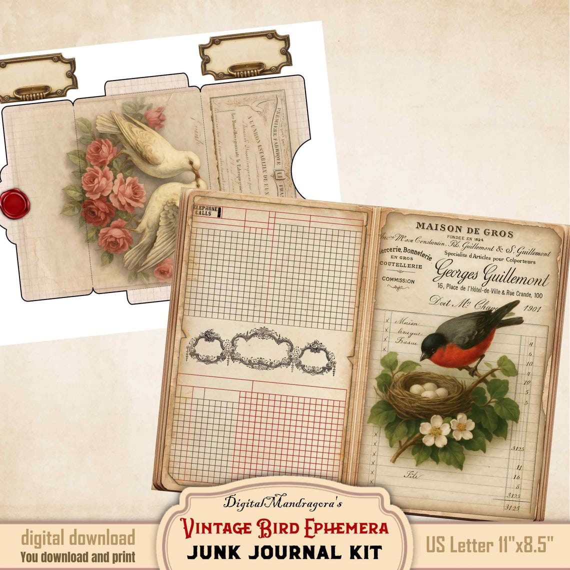 Vintage Bird Ephemera Junk Journal Kit – Printable French Invoice ...