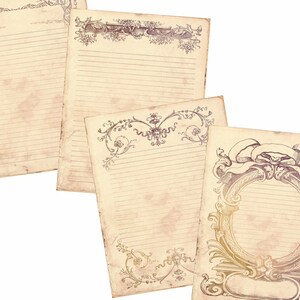 May include: Four vintage-style lined paper sheets with decorative borders. The borders feature intricate floral and scroll designs in shades of brown and purple. The paper has a slightly aged and textured appearance.