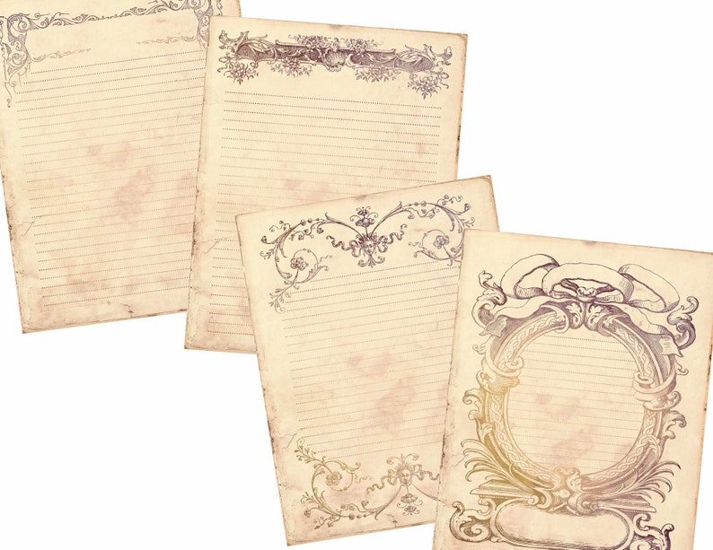 May include: Four vintage-style lined paper sheets with decorative borders. The borders feature intricate floral and scroll designs in shades of brown and purple. The paper has a slightly aged and textured appearance.