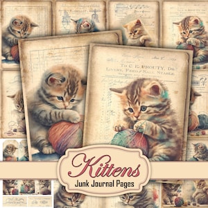 Watercolor Cat Kitten Junk Journal Printable Pages, Printable invoice, Vintage papers, Animal collage sheets, Digital Download
