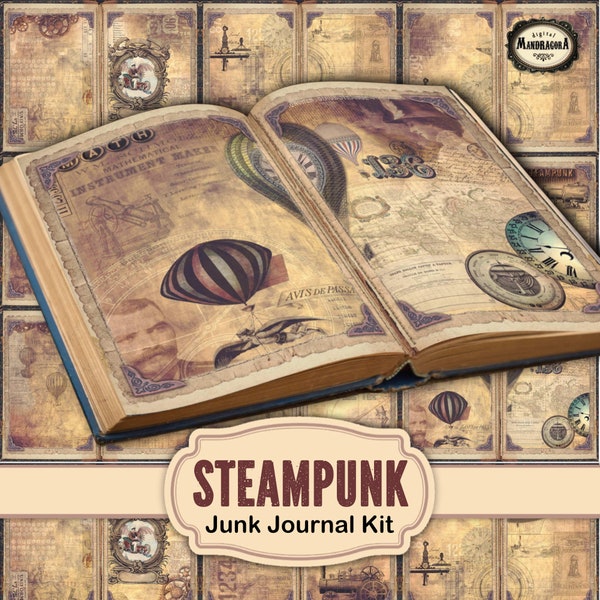 Steampunk printable grunge junk journal with pockets tickets and tags, digital download