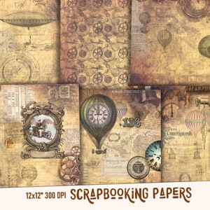 May include: A set of 6 digital scrapbook papers featuring a steampunk theme with vintage clocks, airships, and gears. The papers are 12x12 inches and 300 DPI.