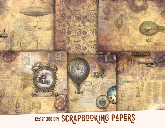 Steampunk printable grunge ephemera  12x12 inches paper pack, digital download