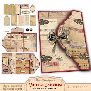 Vintage loaded folio ephemera kit for DIY paper crafts, digital download