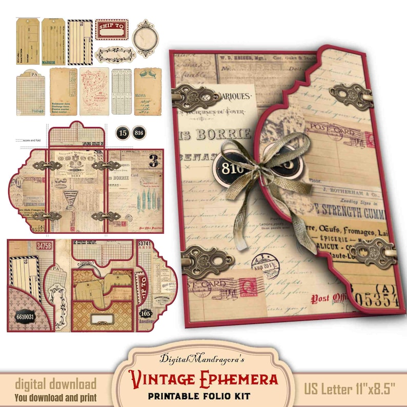 Vintage loaded folio ephemera kit for DIY paper crafts, digital download