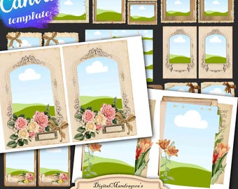 May include: A collection of Canva templates for junk journals, featuring various frame designs with landscape backgrounds. The templates include floral and ribbon accents, with text that reads "editable Canva template" and "CANVA FRAMES for junk journals". The paper size is US Letter 11"x8.5".