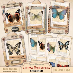 Kit de spécimens de diapositives, éphémères numériques de papillons, impression entomologique, coupes difficiles vintage, étiquettes de journaux indésirables, embellissements de scrapbooking