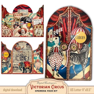 Victorian Whimsical Circus Ephemera Holder Folio Kit, Printable Cards, Fussy cuts, Junk Journal Tags, Digital Embellishments and Supplies