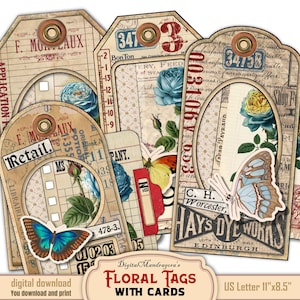 Junk journal foldable tags and cards, Vintage cottage core shabby blue roses and butterflies, Blush floral layered ephemera, DIY paper craft