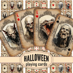 Vintage Style Spooky Creepy Halloween Playing Cards - Full Deck Digital Download