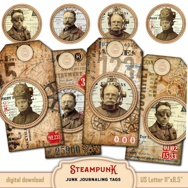 Steampunk style grunge ephemera junk journal tags with industrial numbers, Victorian photos, Nostalgic dieselpunk collage, Instant download