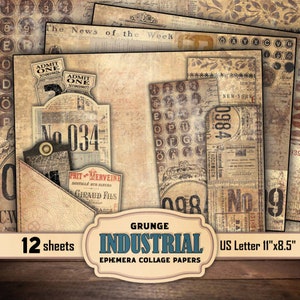 Vintage Industrial grunge worn faded ephemera digital paper pack for junk journaling and scrapbooking, folio kit, digital download