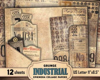 Vintage Industrial grunge worn faded ephemera digital paper pack for junk journaling and scrapbooking, folio kit, digital download