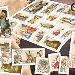 Alice in Wonderland postage stamps, faux postal stamps, Alice scrapbooking, Wonderland journaling, digital download