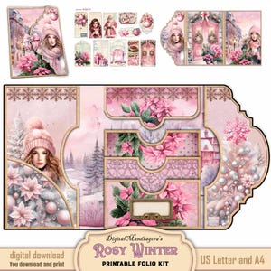 Rosy Winter Folio Kit, Pink Junk Journal, Digital Download Festive Ephemera Holder, Easy Floral Craft Project, Paper Crafting, US LETTER, A4