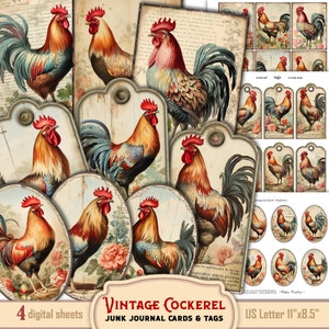 Vintage Roosters and shabby flowers ephemera collage cards and hanging tags for junk journaling