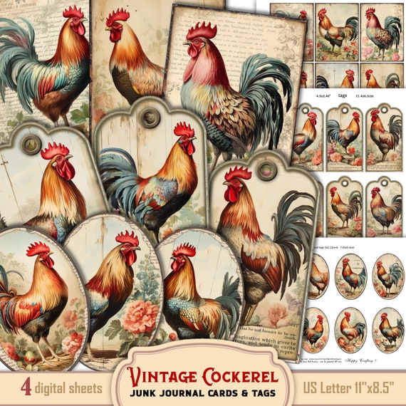 Vintage Rooster Ephemera: Shabby Chic Junk Journal Cards (Digital Download)